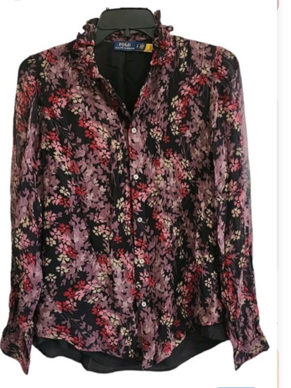 Polo by Ralph Lauren Black Floral Ruffle Collar Button-Down